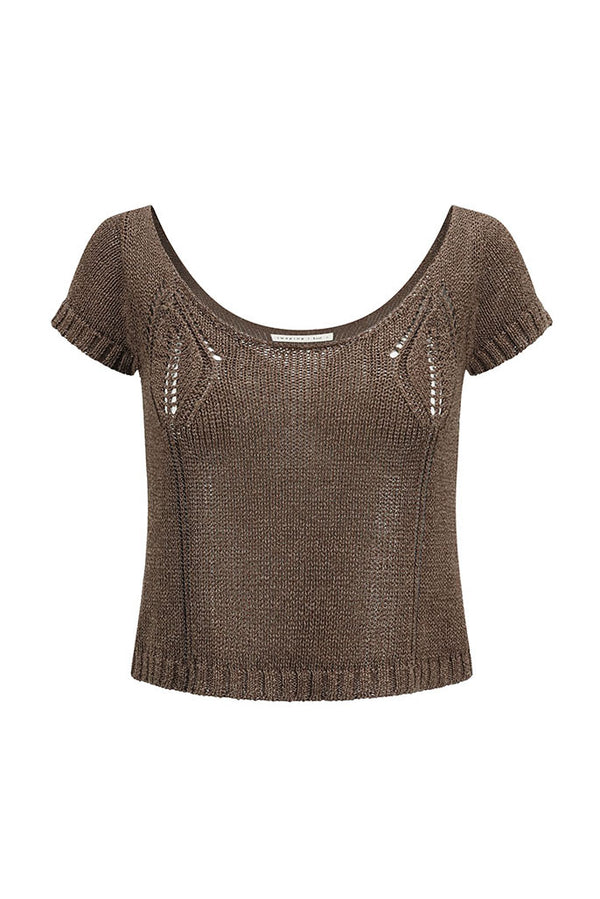 SWAYING 25 Early Autumn Shoulder Hollow Short Sleeve Knit Cardigan SW-SW25PF1T10C3-ZONG Brown